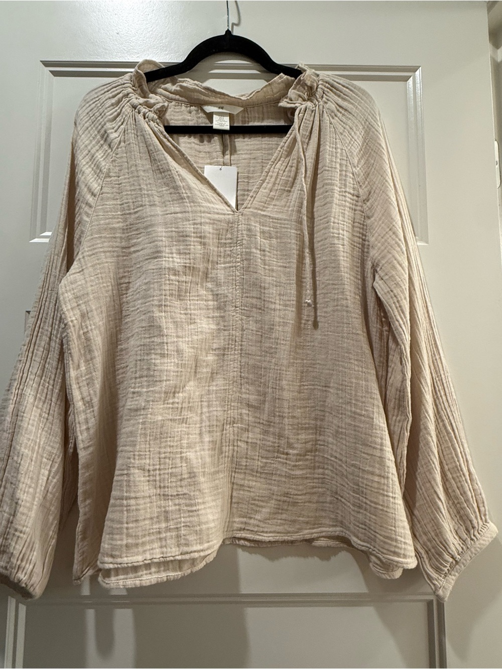 H&M Cream/Tan Gauze Peasant Tunic with Tie Neck NWT